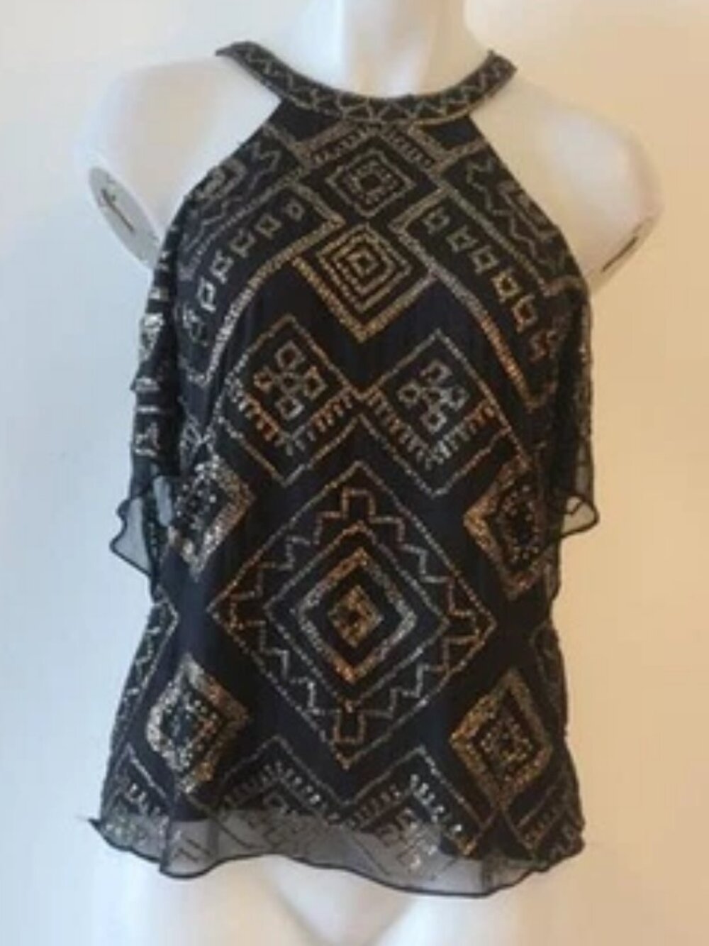 Womens Parker Black Gold Metal Chip Embellished Silk Cold Shoulder Top XS